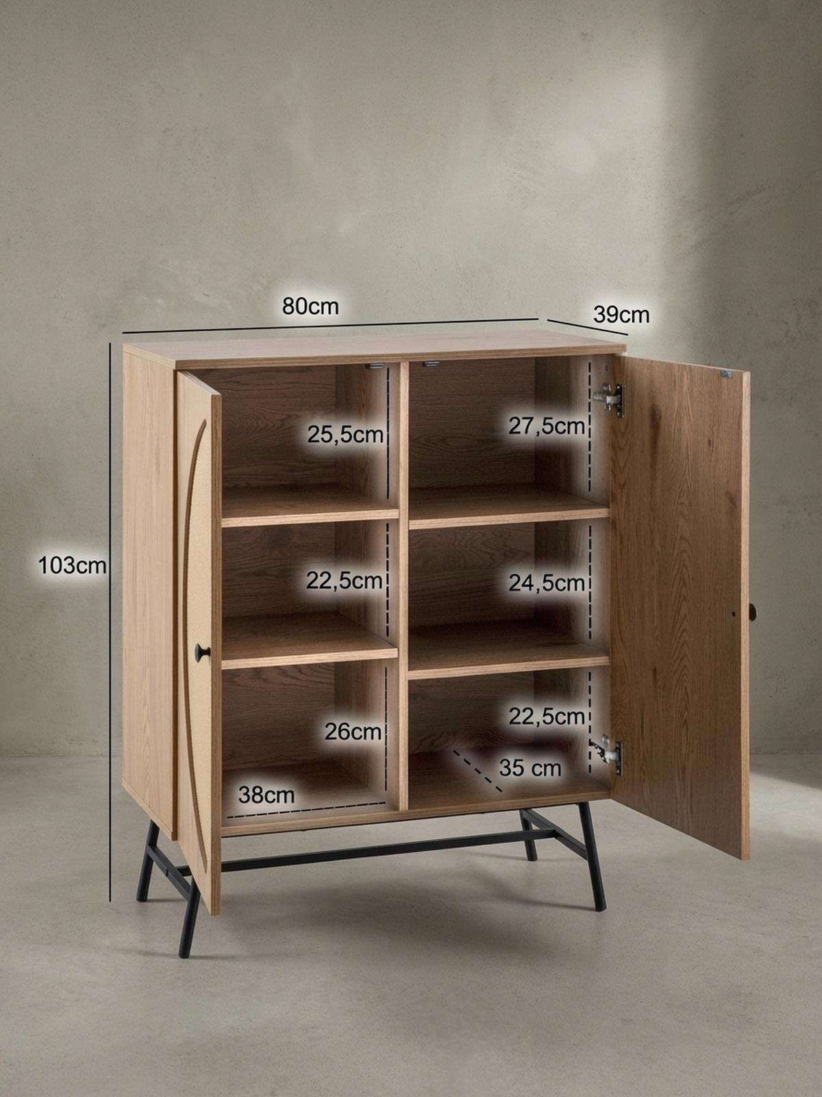 SIDEBOARD – Eiche-Dekor/Rattan, 80x103x39 cm, 2 Türen, hoch - Schwarz/Braun, Holzwerkstoff/Metall (80/103/39cm) - KADIMA DESIGN