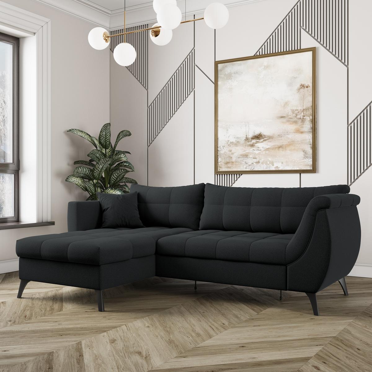 ECKSOFA MOLLIS Schwarz Geflochtener-Stoff mit Schlaffunktion - Schwarz, Holz (241/154cm) - MASSENO