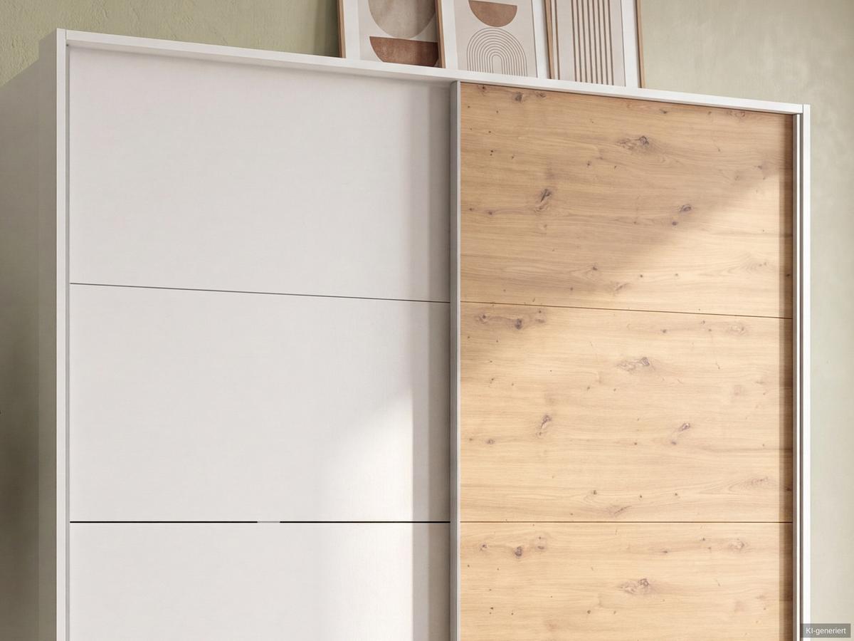 SCHWEBETÜRENSCHRANK 2-türig B183/H200/T65 cm, Passepartout-Kleiderschrank in Weiß, 1x Tür & Schubkästen in Eiche Artisan Dekor / 22697 - Eichefarben/Alufarben, Holz/Holzwerkstoff (183/200/65cm) - luma-home