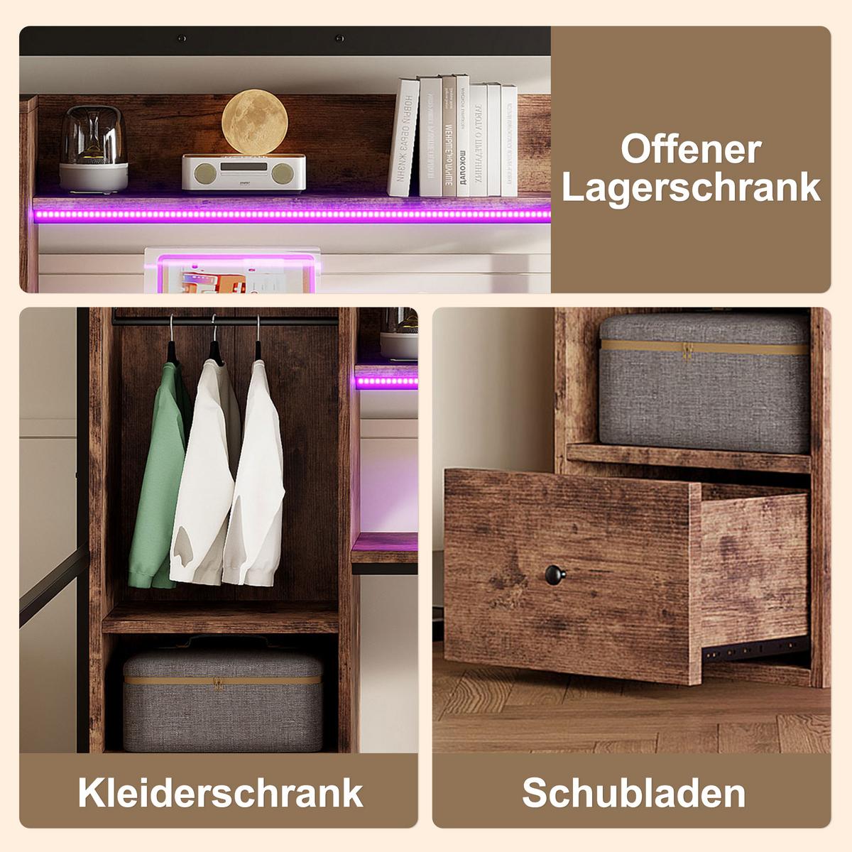 HOCHBETT metall schwarz 140x200cm mit schreibtisch led - Schwarz, Holzwerkstoff (140/200cm) - Urban Meuble