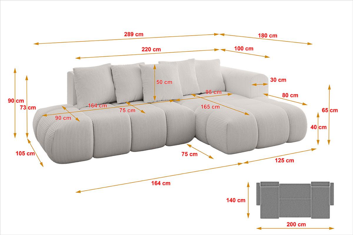 ECKSOFA Ottomane Rechts CLOUD-L-v1 280x185x90 Creme Cord - Hellgrau/Creme, Holzwerkstoff/Kunststoff (185/280cm) - ALTDECOR