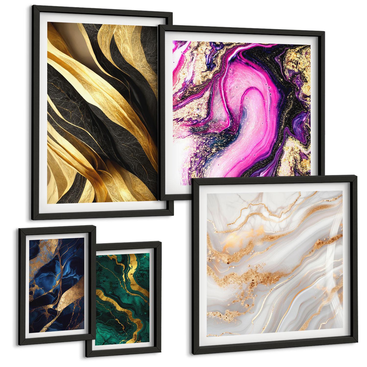 BILDER SET 5er Set - 50x50 cm & 20x30 cm & 40x60 cm Schwarzer Rahmen - Abstrakter Marmor mit Farben - Schwarz, Kunststoff (40/60cm) - TULUP