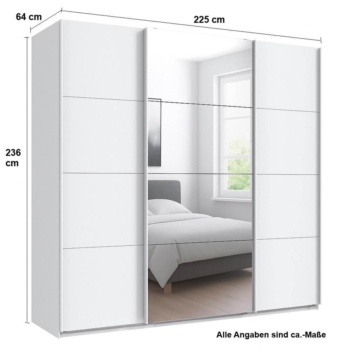 SCHWEBETÜRENSCHRANK 3-türig B225/H236/T64 cm extrahoch in Weiß, Kleiderschrank mit einer Spiegeltür / 22539 - Goldfarben/Weiß, Holzwerkstoff/Metall (225/236/64cm) - luma-home