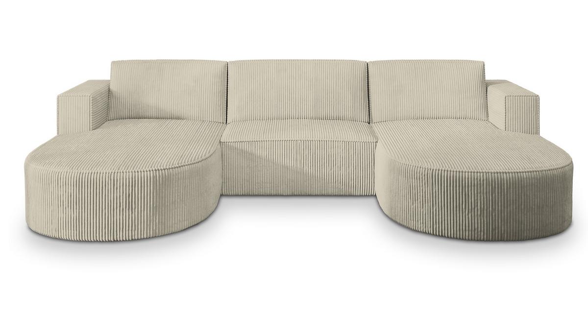 WOHNLANDSCHAFT VEZZO P Creme Kordstoff mit Schlaffunktion - Creme/Grau, Holz/Kunststoff (347/85/174cm) - MASSENO