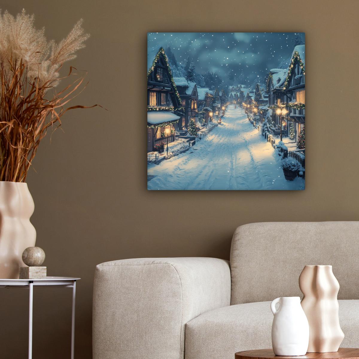 LEINWANDBILD Weihnachtsdorf - Weihnachten - Schnee - Winter Wandbild Wohnzimmer 50x50 cm - Dunkelblau, Textil (50/50cm) - MuchoWow