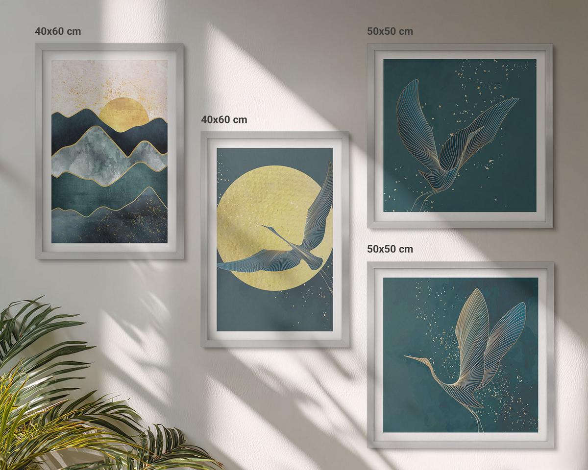 BILDER SET 4er Set - 50x50 cm & 40x60 cm Silberner Rahmen - Vögel, Kraniche, Mond, Berge - Silberfarben, Kunststoff (50/50cm) - TULUP
