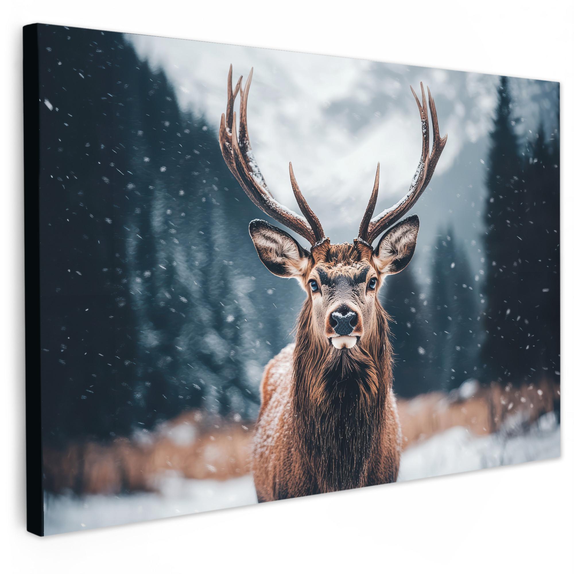 LEINWANDBILD Hirsche - Tiere - Landschaft - Winter - Schnee Deko Schlafzimmer 30x20 cm - Kastanienfarben, Textil (30/20cm) - MuchoWow