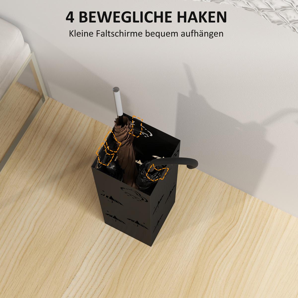 SCHIRMSTÄNDER mit 4 Haken, Stahl 15,5 x 15,5 x 49 cm Schwarz - Schwarz, Metall (15.5/49/15.5cm) - HOMCOM