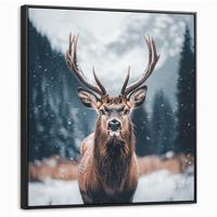 LEINWAND Bilder mit Rahmen - Hirsche - Tiere - Landschaft - Winter - Schnee - 90x90 - Kastanienfarben, Textil (90/90cm) - MuchoWow