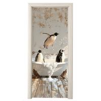 TÜRAUFKLEBER Vintage - Pinguin - Badewanne - Schaumstoff Deko Schlafzimmer 95x215 cm - Türtapete - Hellbraun, Kunststoff (95/0.1/215cm) - MuchoWow
