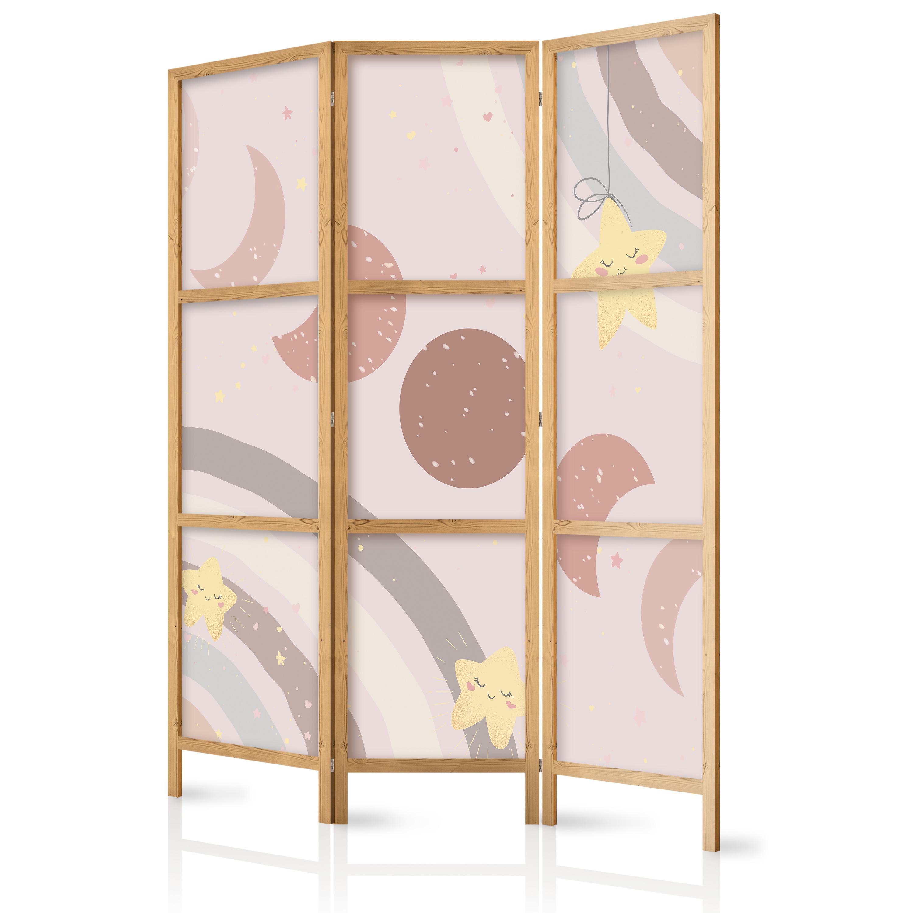 PARAVENT Japanischer 3-tlg 135x172 cm Boho Sterne und Monde - Beige, Holz/Textil (135/172/3cm) - Muralo