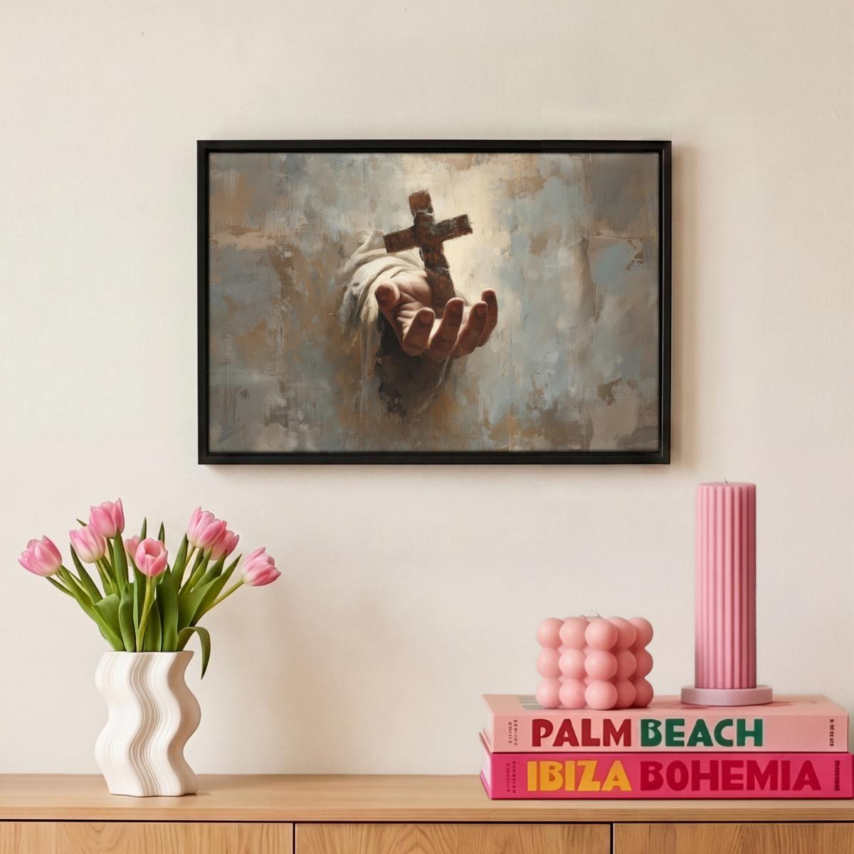 LEINWAND Bilder mit Rahmen - Abstrakt - Kreuz - Hand - Christentum - 30x20 - Hellbraun, Textil (30/20cm) - MuchoWow