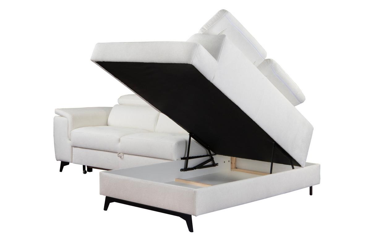 ECKSOFA VOLA Weiß Velours-Stoff mit Schlaffunktion - Weiß, Holz (270/199cm) - MASSENO