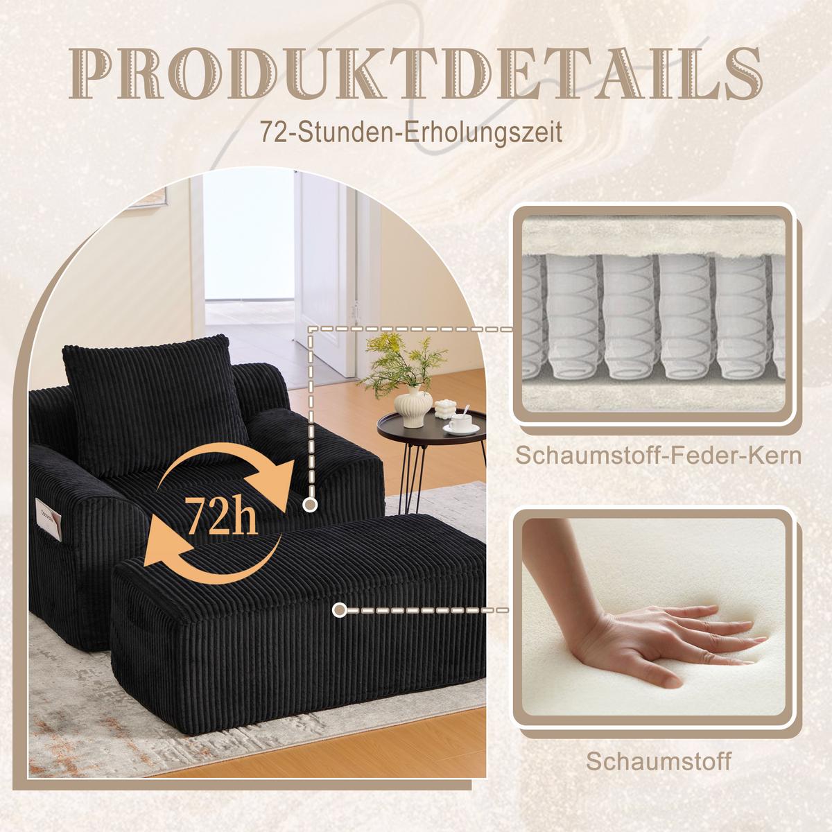 SESSEL mit Hocker in Cord Übergroßer Relaxsessel - Schwarz, Textil (110/67/147cm) - Urban Meuble