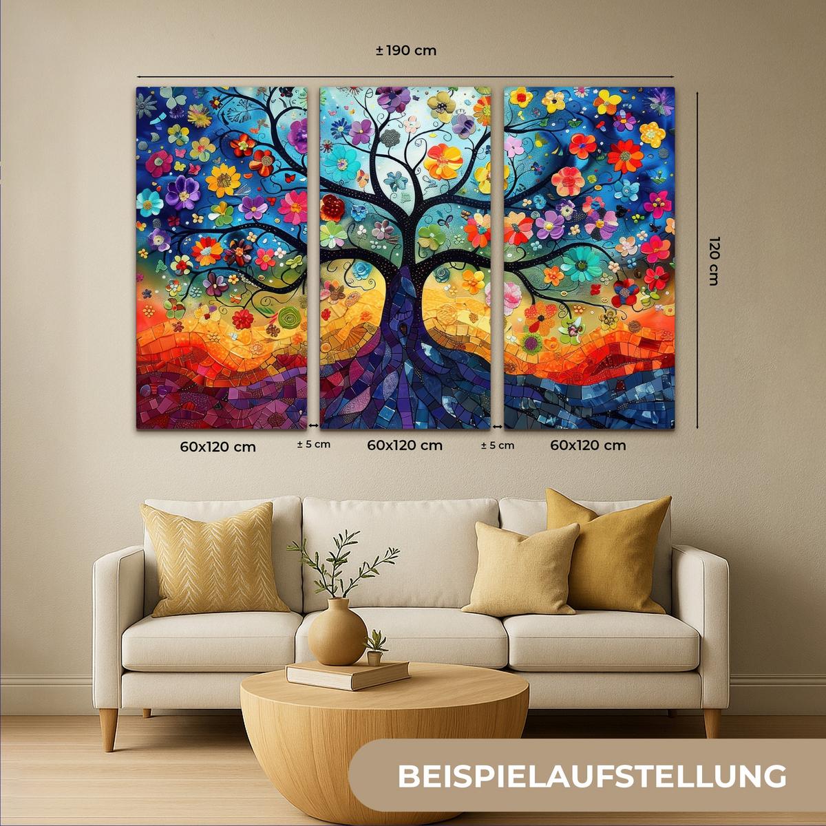 LEINWANDBILD 3er Set Bunt - Baum des Lebens - Blumen - Abstrakt 180x120 cm - Blau, Textil (180/120cm) - MuchoWow