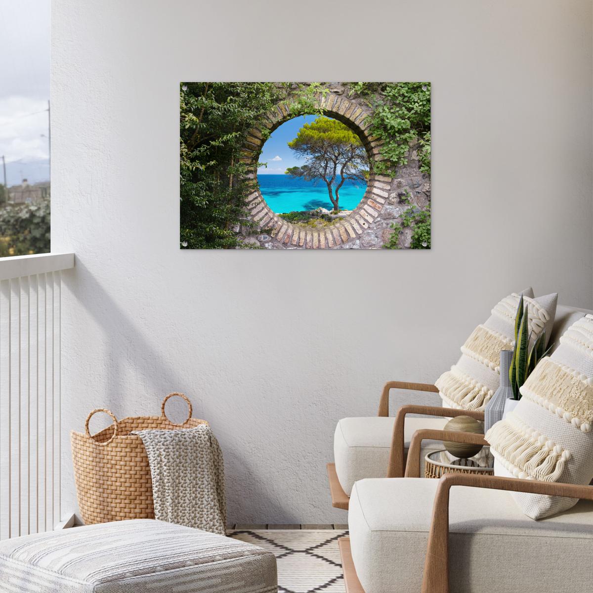 GARTENPOSTER Meer - Baum - Tropisch - Ausblick Gartendeko 90x60 cm - Graubraun, Kunststoff (90/60/0.2cm) - OnlyWow