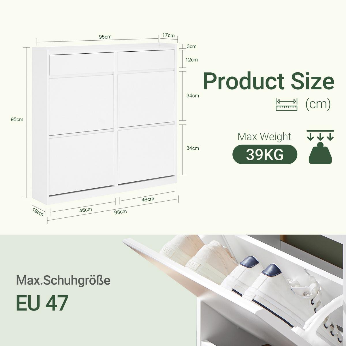 SCHUHKIPPER mit 4 Klappen, Schuhschrank schmal, nur 19 cm tief, 98x19x95 cm, Weiß, 4 Klappen und 2 Schubladen, für Flur, Diele & kleine Wohnungen - Weiß, Holz (98/95/19cm) - SoBuy