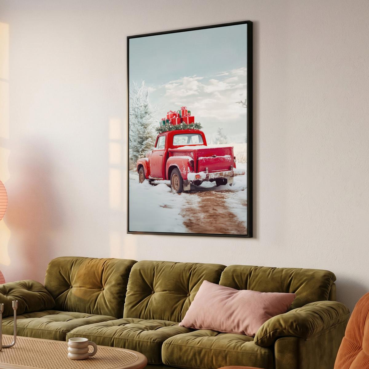 LEINWAND Bilder mit Rahmen - Auto - Rot - Geschenke - Winter - Schnee - Weihnachten - 90x140 - Rot, Textil (90/140cm) - MuchoWow