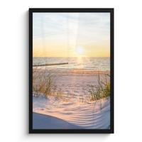 POSTER MIT RAHMEN Strand - Sonne - Düne - Gras - Sand - Horizont Bilder mit Rahmen 40x60 cm - Hellblau, Papier (40/60cm) - MuchoWow