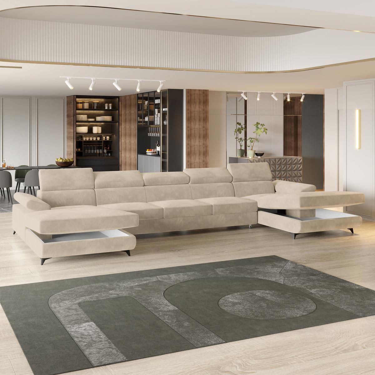 WOHNLANDSCHAFT VIVENTE Creme Velours-Stoff mit Schlaffunktion - Creme, Holz (410/89/190cm) - MASSENO