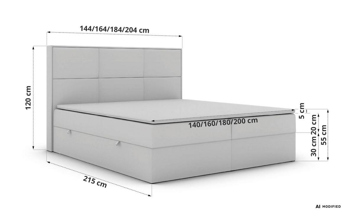 BOXBETT DELVIT 140/200 - Hellgrau Velvet - Topper Visco - H4 - Hellgrau/Schwarz, Kunststoff/Textil (140/200cm) - MKS