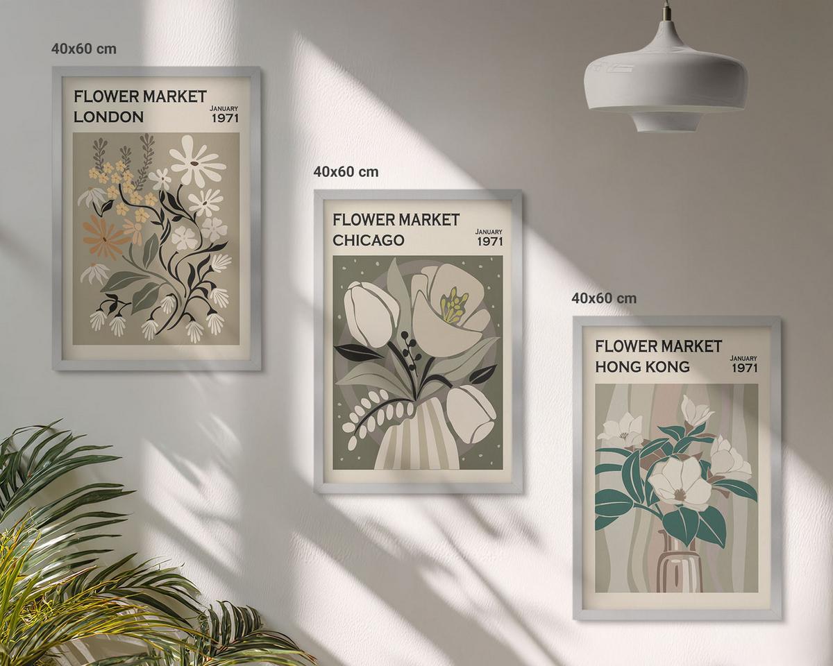 BILDER SET 3er Set - 40x60 cm Silberner Rahmen - Blumenmessen London Chicago Hongkong - Silberfarben, Kunststoff (40/60cm) - TULUP