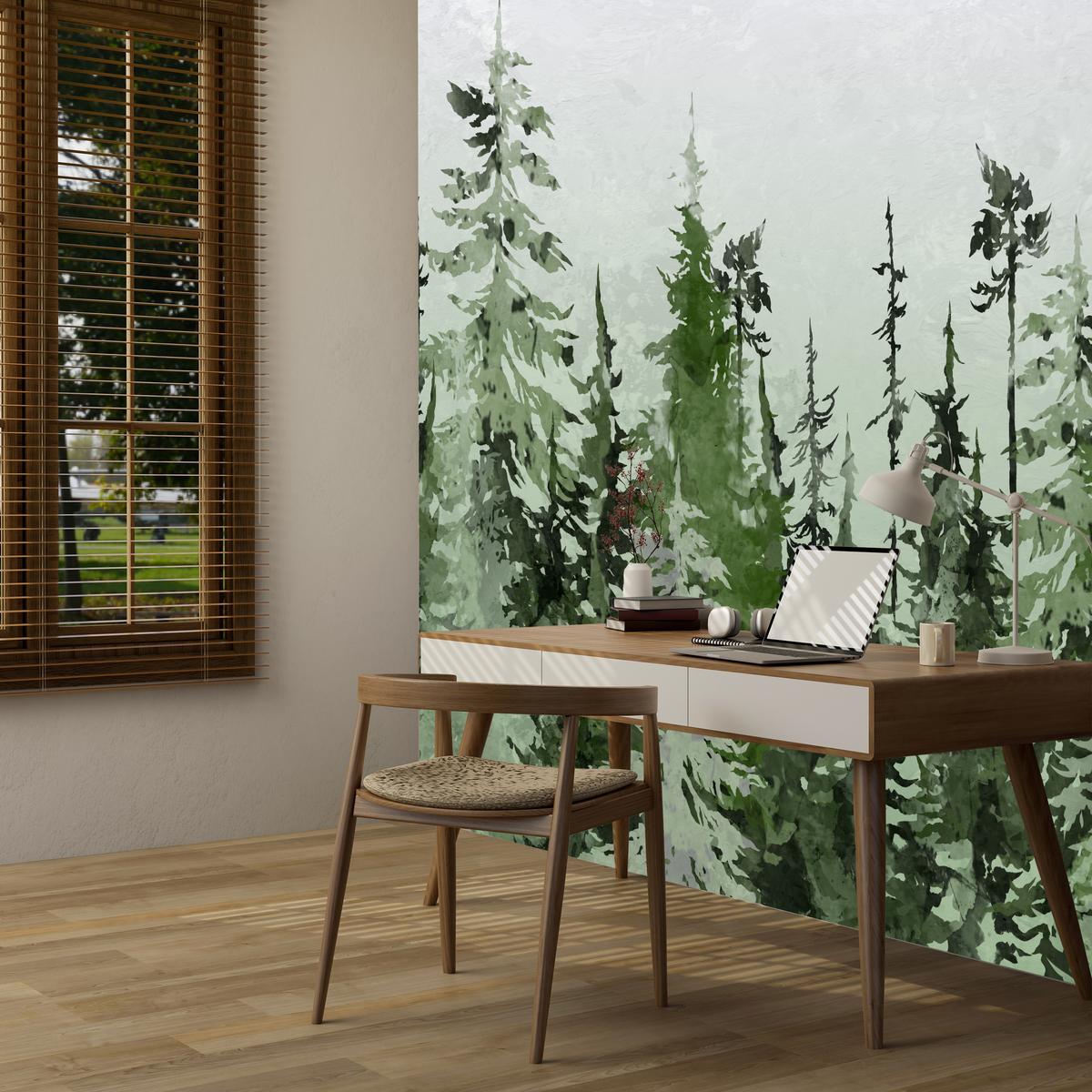 FOTOTAPETE für Schlafzimmer Grüner Nadelwald Aquarell Bäume Natur Landschaft 100x70 - Weiß/Grau, Papier (100/70cm) - Muralo