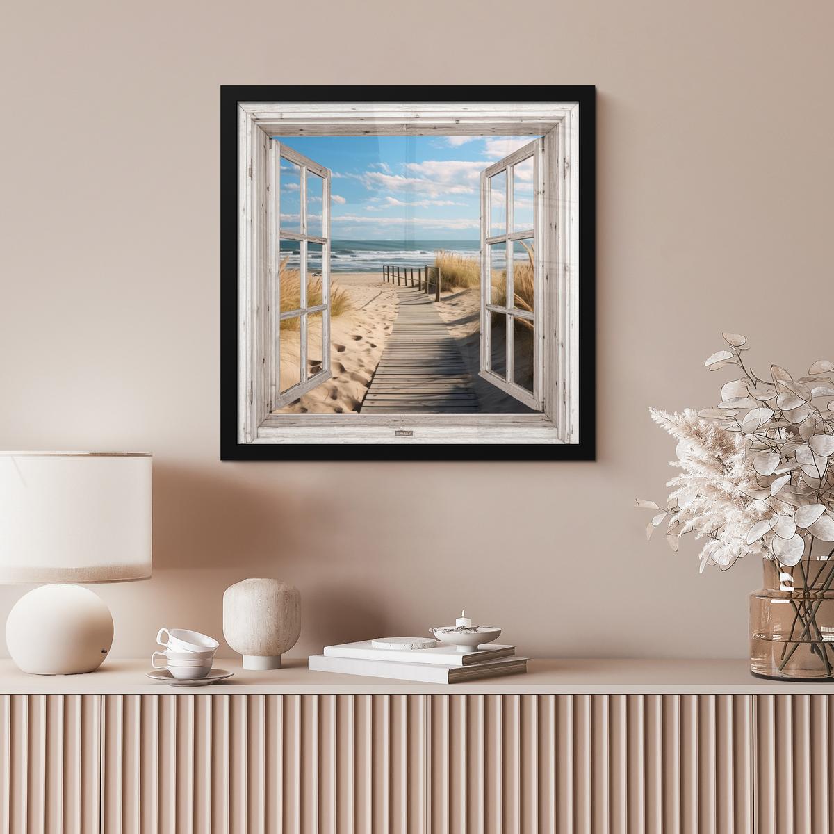 POSTER MIT RAHMENGERAHMTES BILD Fenster - Meer - Küste - Natur - Ausblick - Strand - Wattenmeer 40x40 cm - Beige, Papier (40/40cm) - MuchoWow