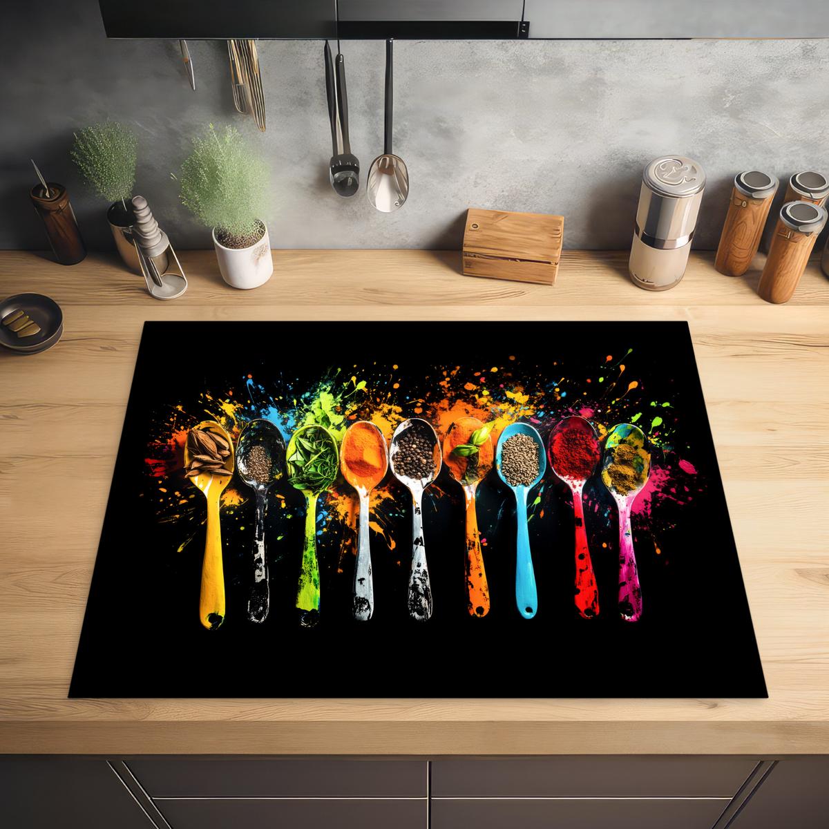 HERDABDECKPLATTE Löffel - Gewürze - Modern - Graffiti - Farbe - Farbenfroh Induktionsmatte 77x59 cm - Multicolor, Kunststoff (77/59/0.2cm) - MuchoWow