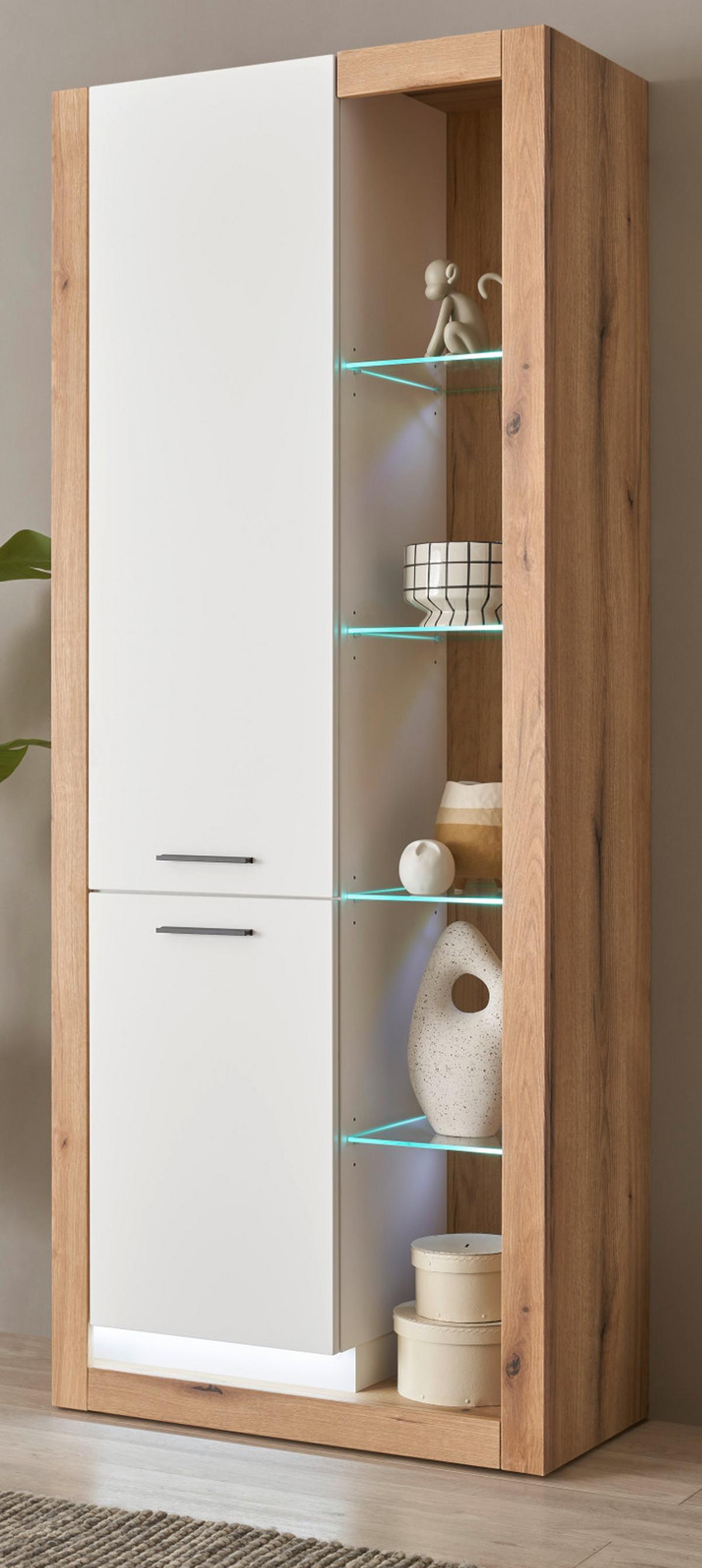 VITRINE weiß matt, Evoke Eiche, Vitrinenschrank 80 x 195 cm - Eichefarben/Silberfarben, Glas/Holzwerkstoff (80/195/37cm) - Furn.Design