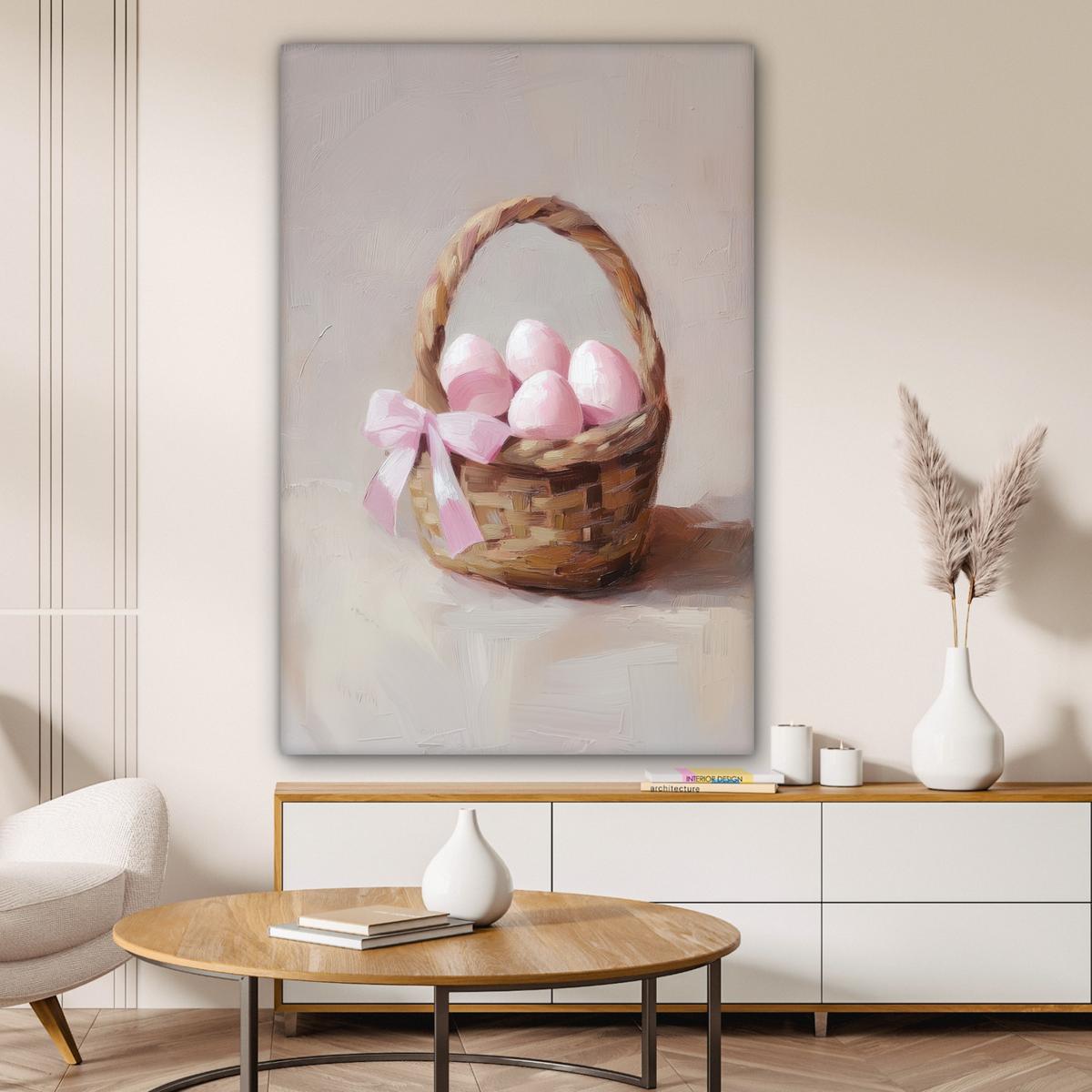 LEINWANDBILD Korb - Eier - Rosa Deko XXL 80x120 cm - Beige, Textil (80/120cm) - MuchoWow