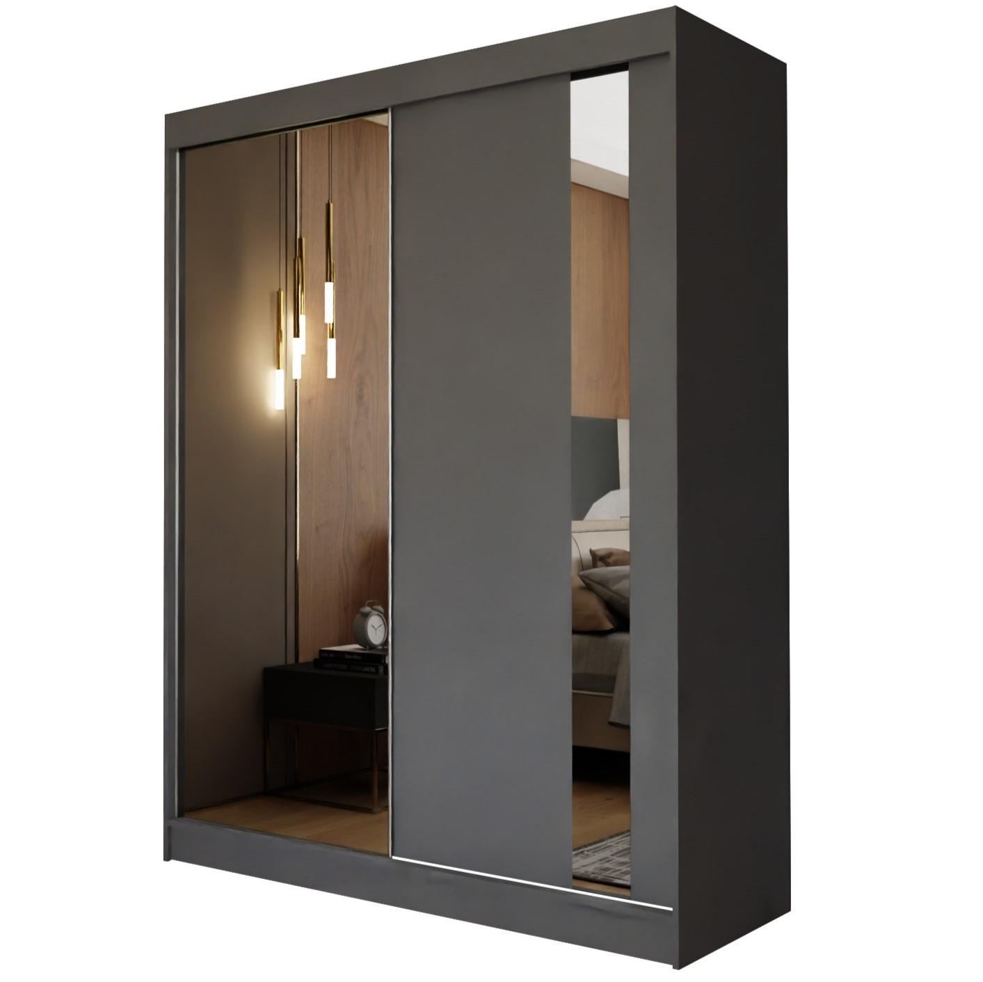 SCHWEBETÜRENSCHRANK GRAZIA 150/216/61 cm 2-türig mit Spiegel Grau - Grau, Holzwerkstoff (150/216/61cm) - MASSENO