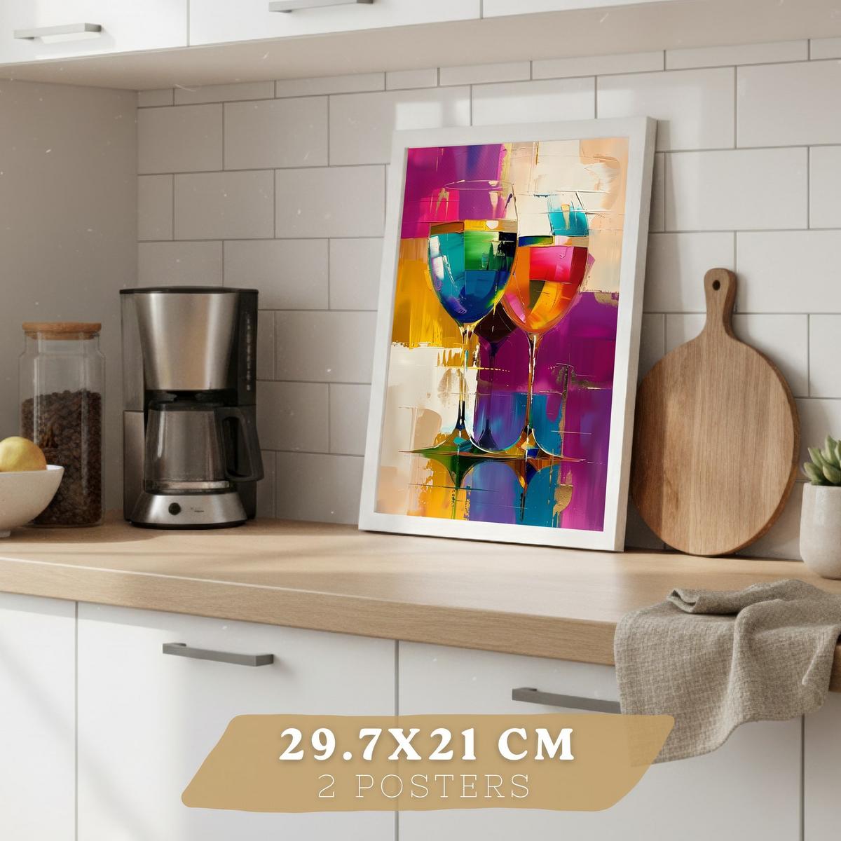 POSTER 2er Set Küchen-Wandbilder Weingläser und Flaschen Pop Art Bunt Abstrakt Esszimmer Wanddeko Weißer Rahmen A4 - Weiß, Papier (29.7/1/21cm) - Nacnic