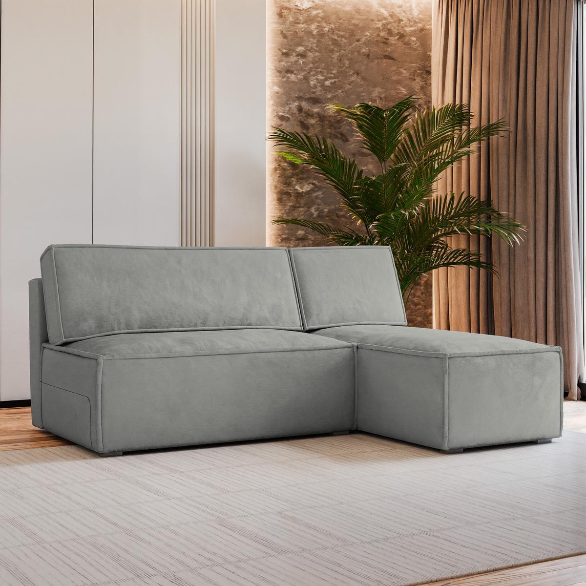 ECKSOFA BRISO M Hellgrau Velours-Stoff mit Schlaffunktion - Hellgrau/Grau, Holz/Kunststoff (200/140cm) - MASSENO