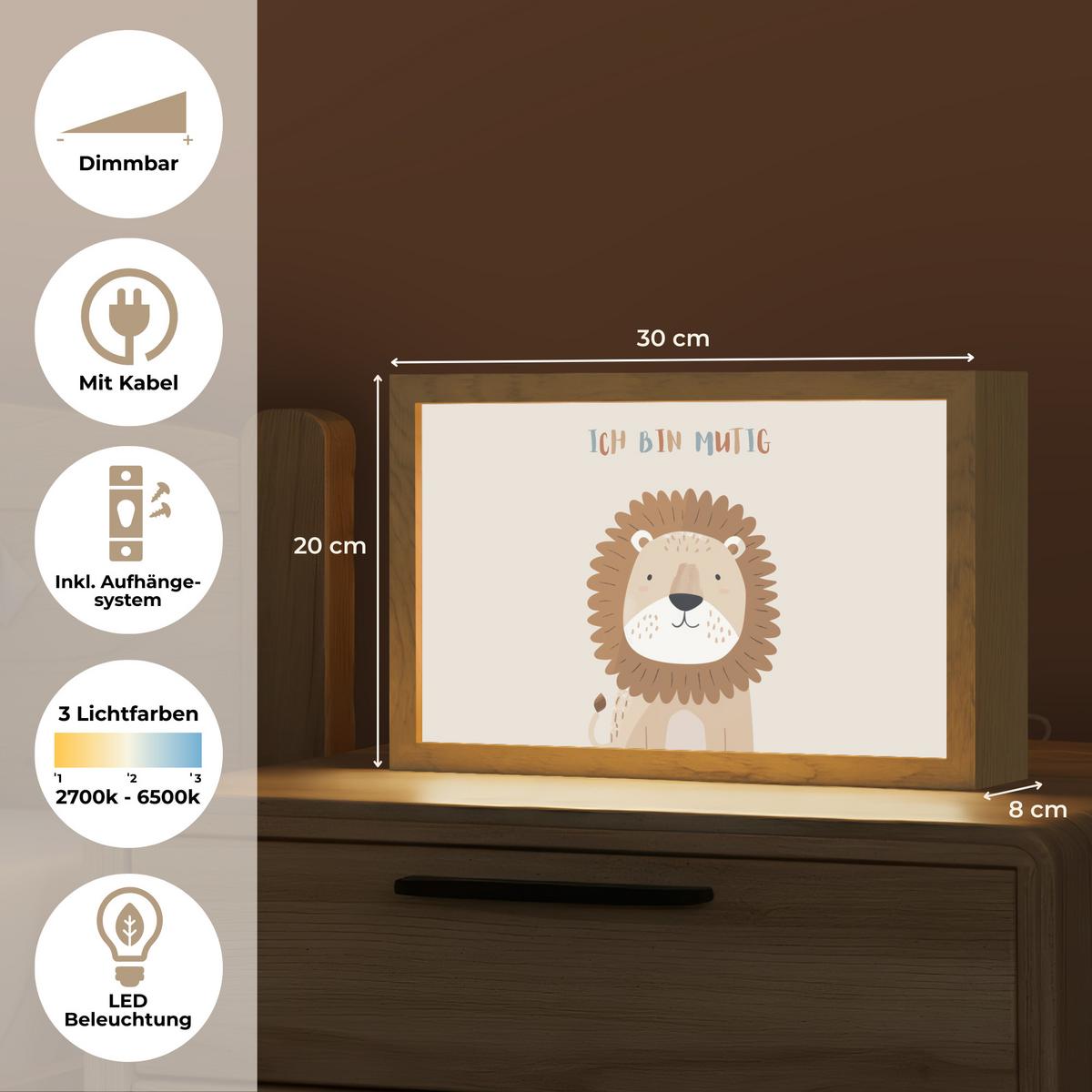 NACHTTISCHLAMPE Löwe - Beige - Tier - Mutig - Zitat 30x20 cm - Beige, Holzwerkstoff (8/30/20cm) - OnlyWow