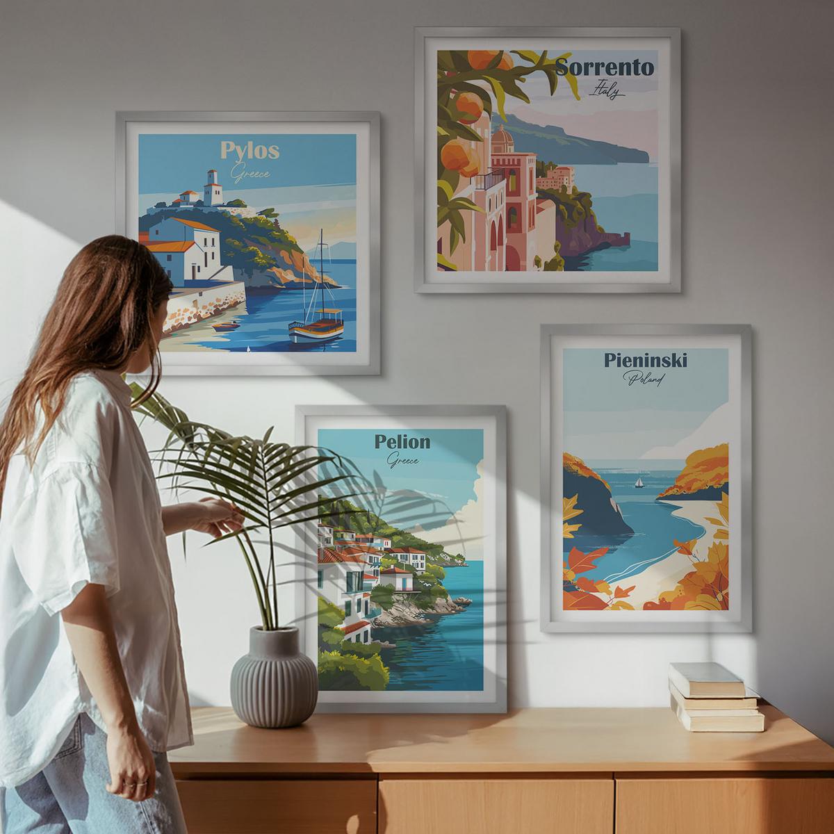 BILDER SET 4er Set - 50x50 cm & 40x60 cm Silberner Rahmen - Retro-Landschaften im malerischen Stil - Silberfarben, Kunststoff (50/50cm) - TULUP