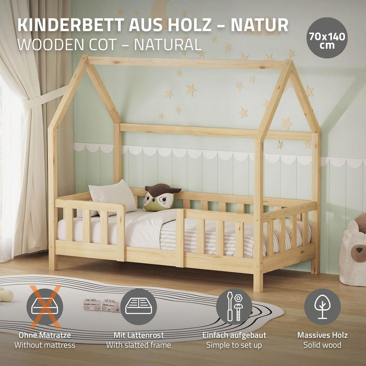 KINDERBETT 70x140 cm mit Rausfallschutz Natur aus Kiefernholz - Naturfarben, Holz (70/140cm) - ML-DESIGN