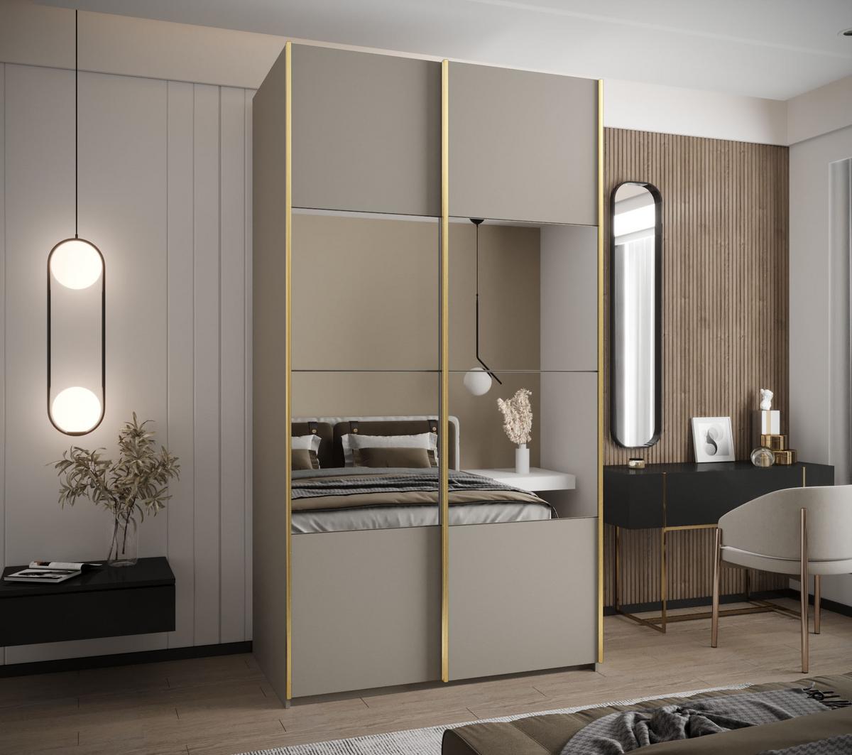 SCHWEBETÜRENSCHRANK 245,5/130/64 2-türig - Kaschmir/Goldfarben, Holz/Metall (130/245/64cm) - Abiks Möbel