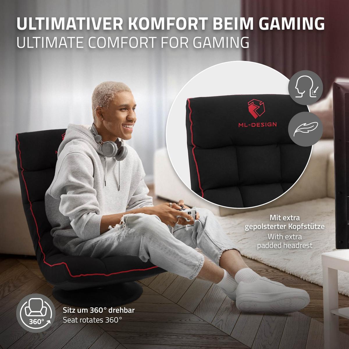 GAMING BODENSTUHL Schwarz-Rot Stoffbezug 360° drehbar & verstellbar - Rot/Schwarz, Textil (56/85/92cm) - ML-DESIGN