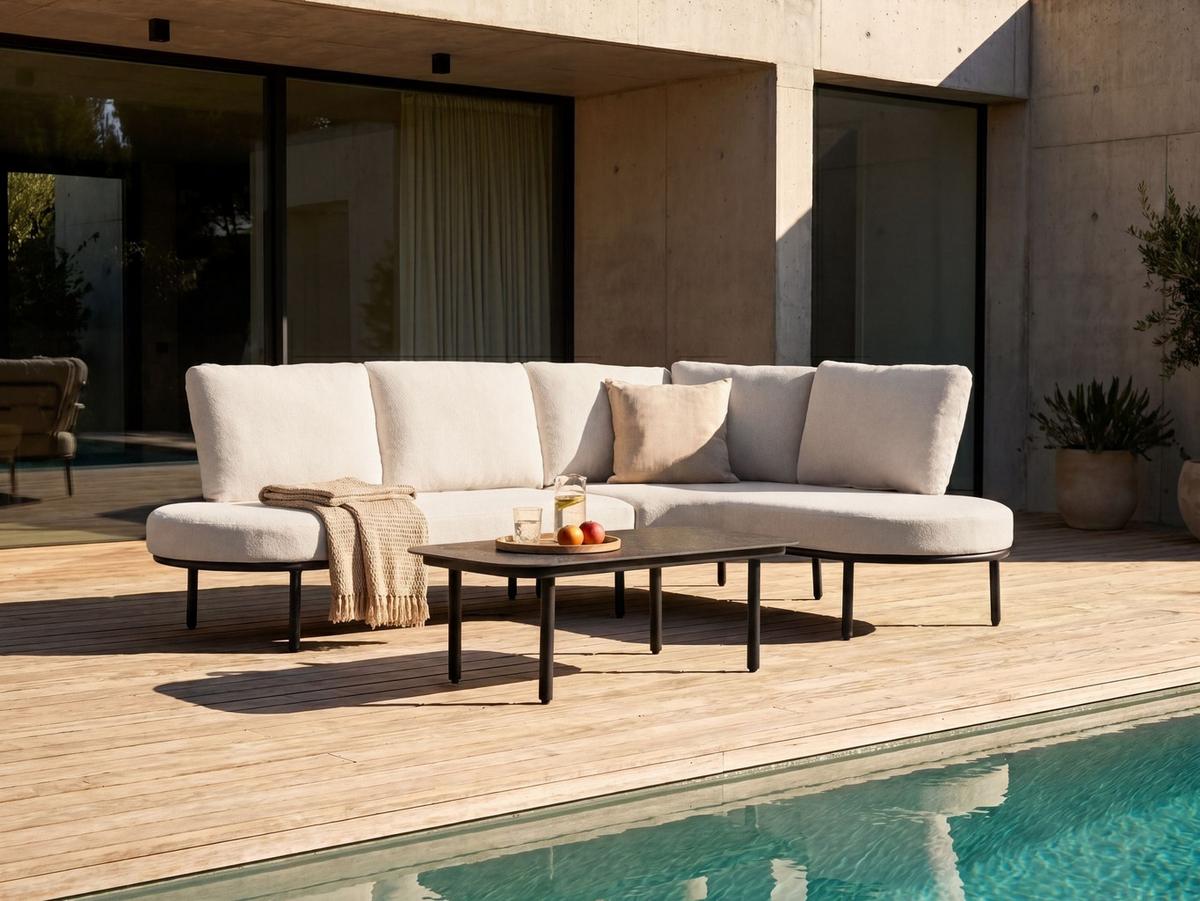 GARTENSOFA mit Tisch 4-Sitzer Metall Schwarz Pollina - Beige/Schwarz, Metall (238/77/162cm) - Beliani