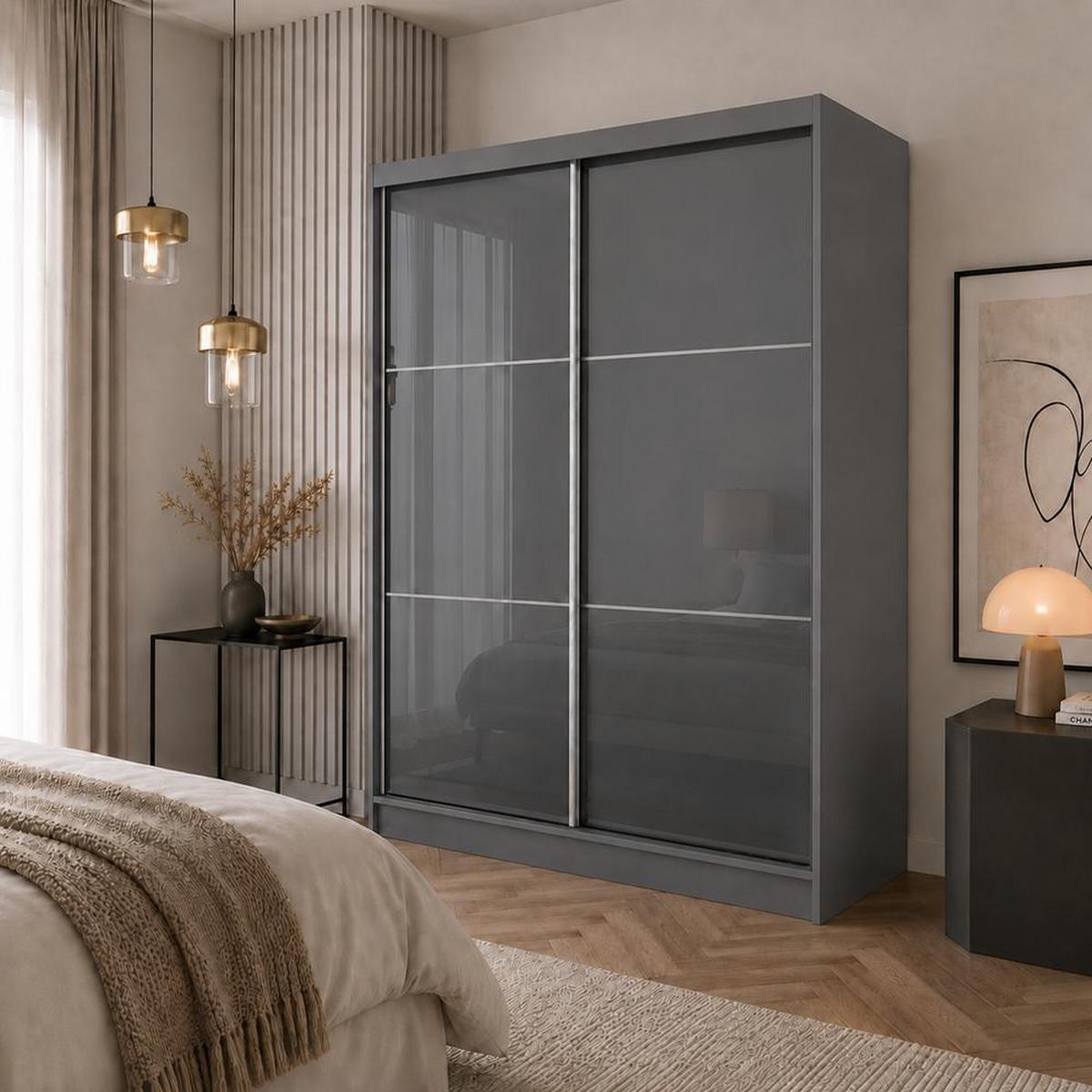SCHWEBETÜRENSCHRANK Viva 150/216/61 graphit mit Lacobel-Glas und Schubladeneinsätze - Graphitfarben, Holzwerkstoff (150/216/61cm) - Beautysofa