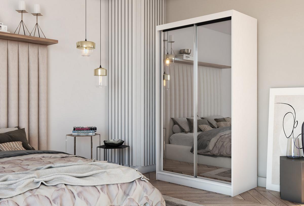SCHWEBETÜRENSCHRANK BELLINA 120/216/61 cm 2-türig mit Spiegel Weiß - Weiß, Holzwerkstoff (120/216/61cm) - MASSENO
