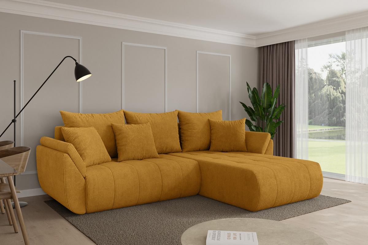 ECKSOFA mit Schlaffunktion Ottomane Rechts TOKO-L 277x194x86 Senfgelb Cord - Dunkelgelb/Schwarz, Holzwerkstoff/Kunststoff (277/194cm) - ALTDECOR