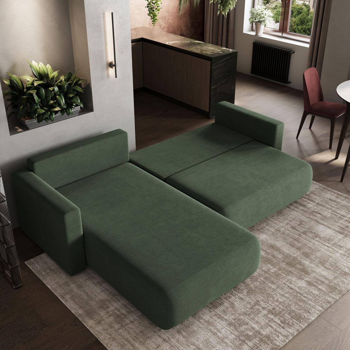 ECKSOFA TURIN Grün Geflochtener Stoff mit Schlaffunktion - Grün, Holz (265/183cm) - MASSENO