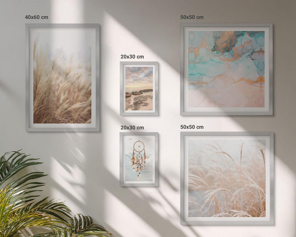 BILDER SET 5er Set - 50x50 cm & 20x30 cm & 40x60 cm Silberner Rahmen - Strand, Boot, Muscheln, Gras, Boho-Stil - Silberfarben, Kunststoff (40/60cm) - TULUP