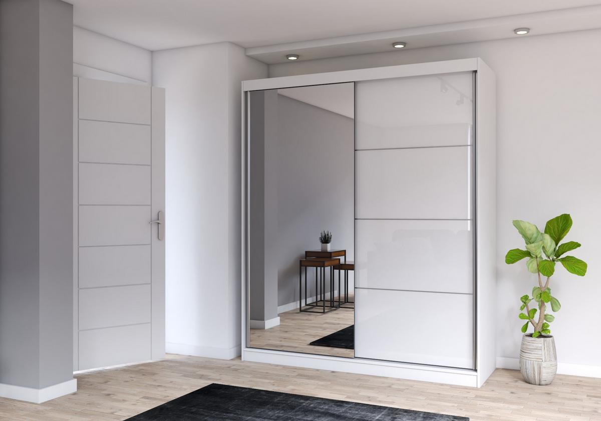 SCHWEBETÜRENSCHRANK MULTI 35 Weiß/Weiß Semigloss + Spiegel - ohne LED Beleuchtung 203 cm - Alufarben/Weiß, Glas/Holzwerkstoff (203/218/61cm) - imoebel24