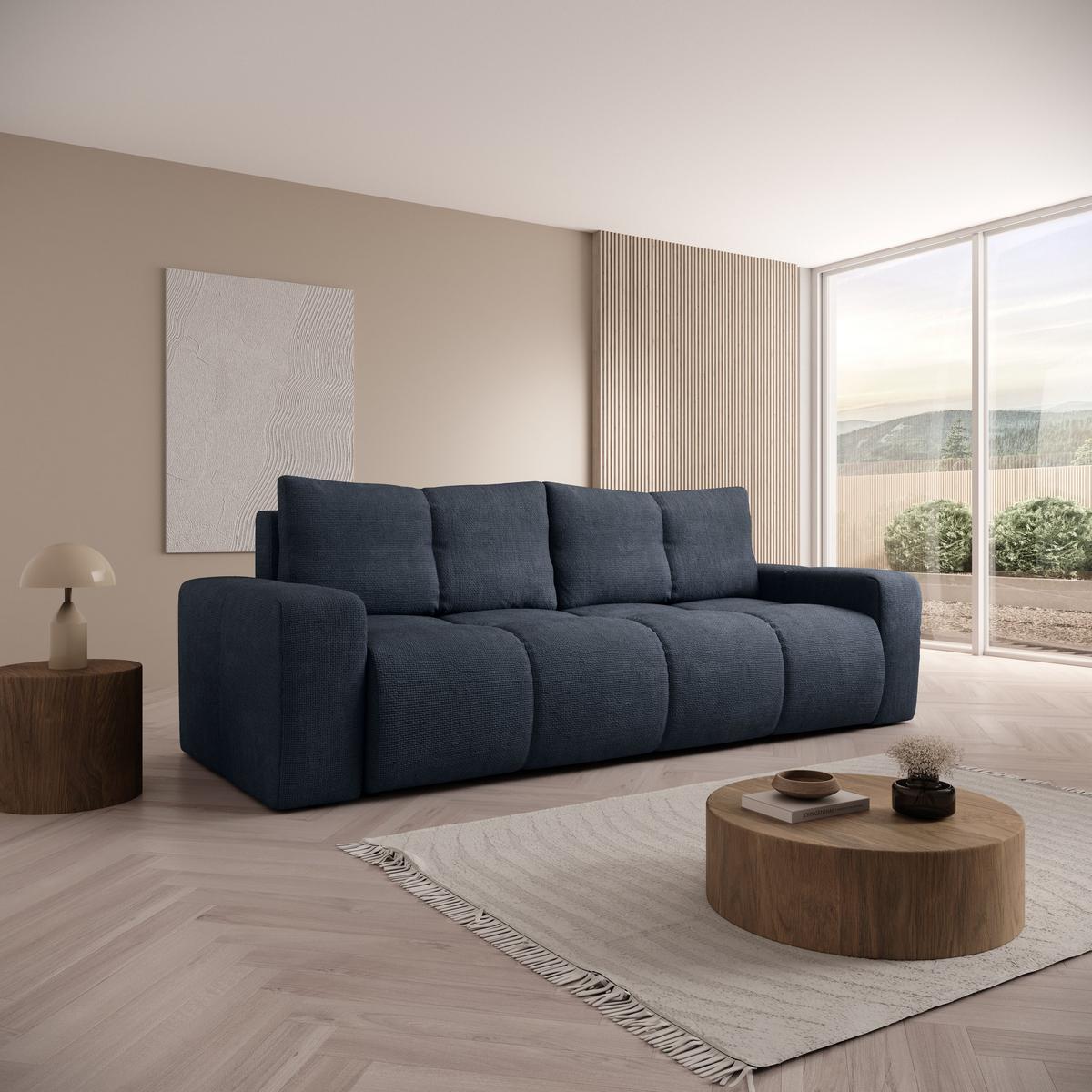 BETTSOFA DUCA Blau Jersey- Stoff mit Schlaffunktion - Blau, Holz (259/90/99cm) - MASSENO