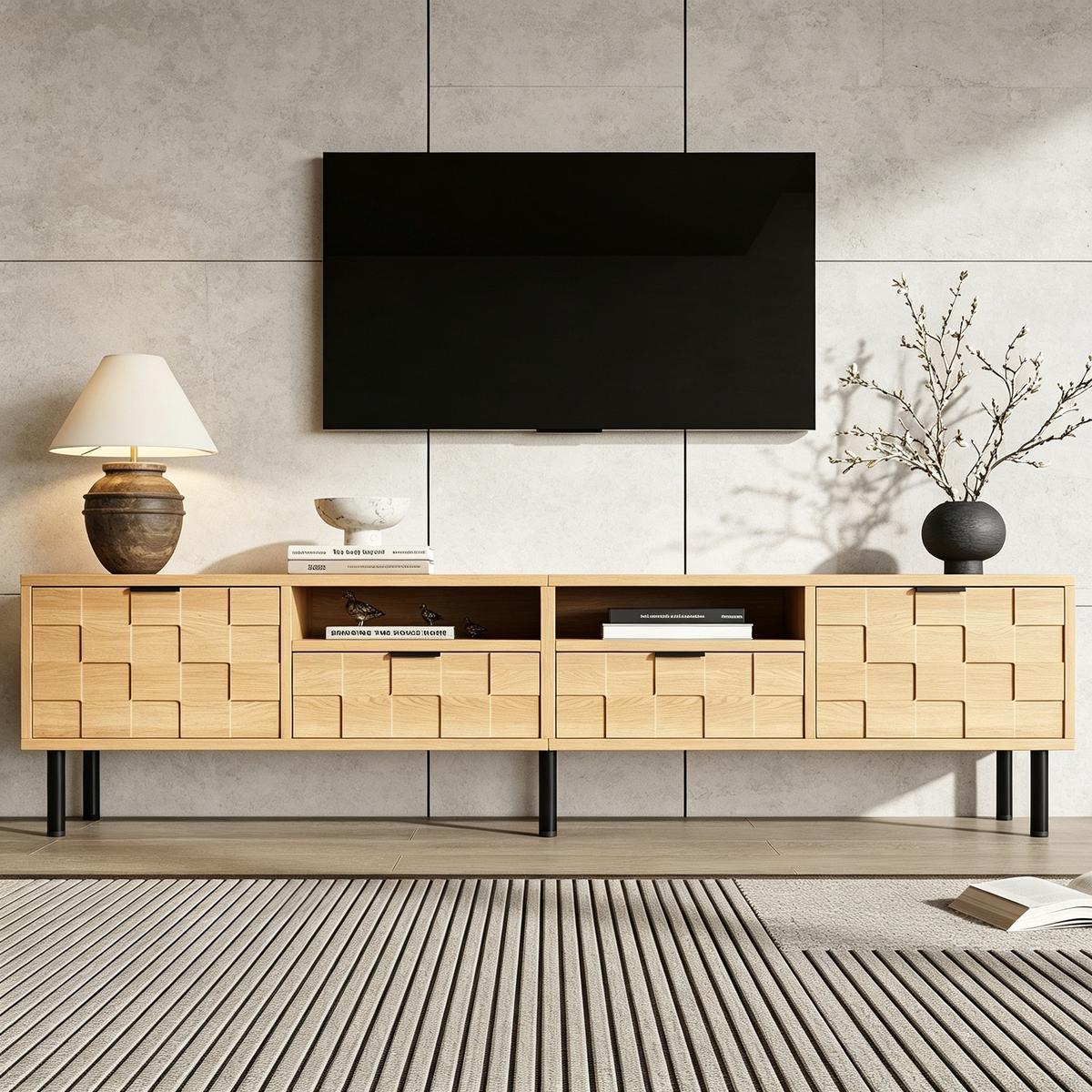 LOWBOARD Naturholzoptik 200cm für 80 Zoll TV, 3D-Dekor, 2 Türen & 2 Schubladen - Naturfarben, Holzwerkstoff (200/44.5/35cm) - Urban Meuble
