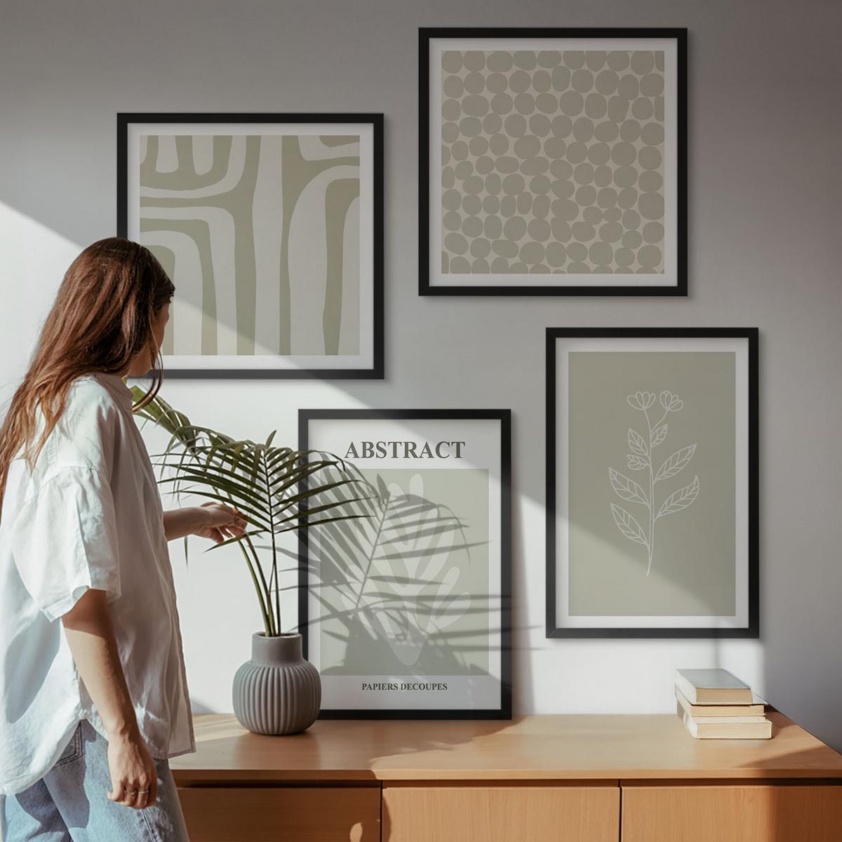 BILDER SET 4er Set - 50x50 cm & 40x60 cm Schwarzer Rahmen - Pflanzen- und geometrische Muster - Schwarz, Kunststoff (50/50cm) - TULUP