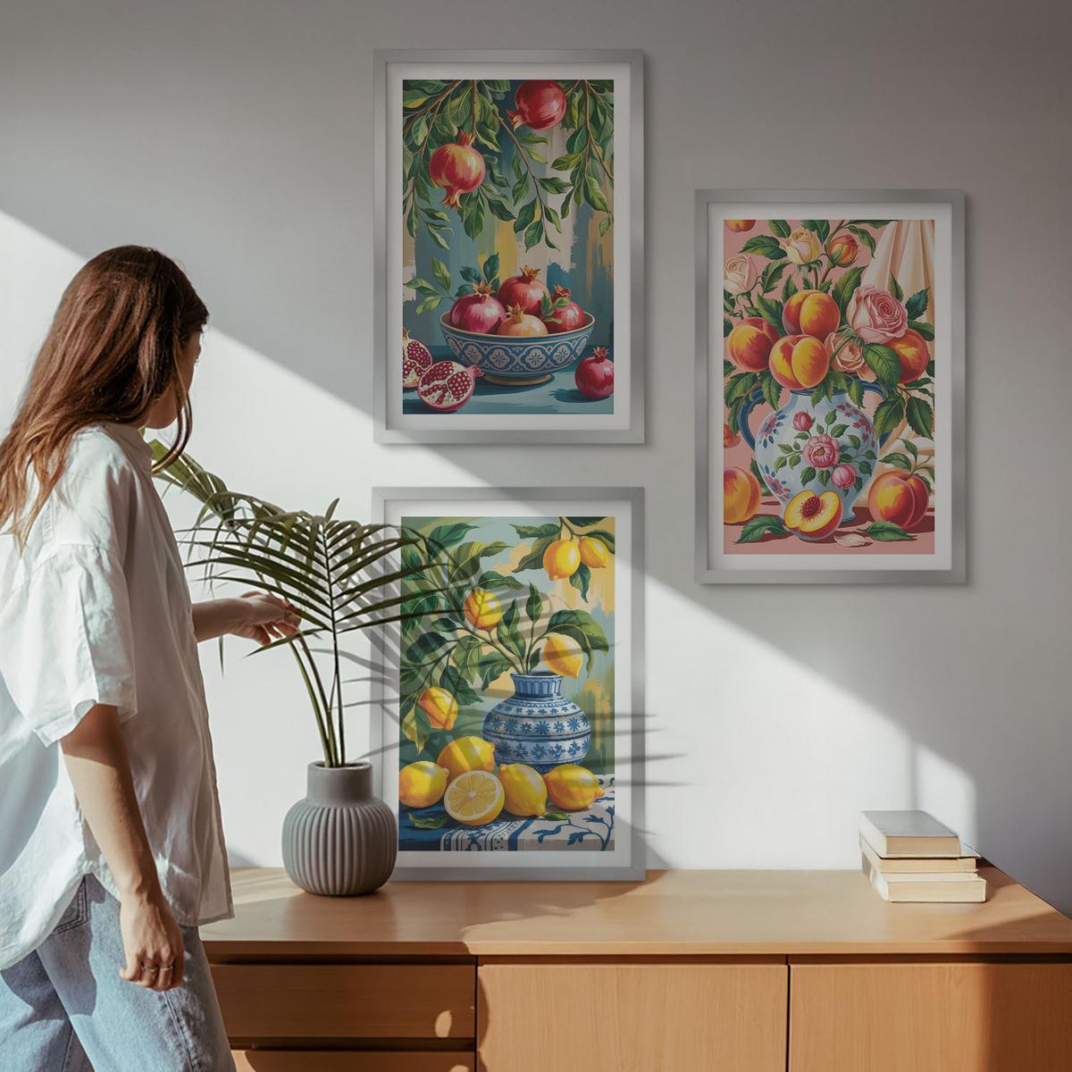 BILDER SET 3er Set - 40x60 cm Silberner Rahmen - Fruchtzusammensetzung von Granatäpfeln - Silberfarben, Kunststoff (40/60cm) - TULUP